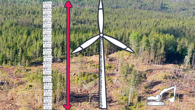 16 kleine Häuser mit Pfeil und WIndrad im Wald