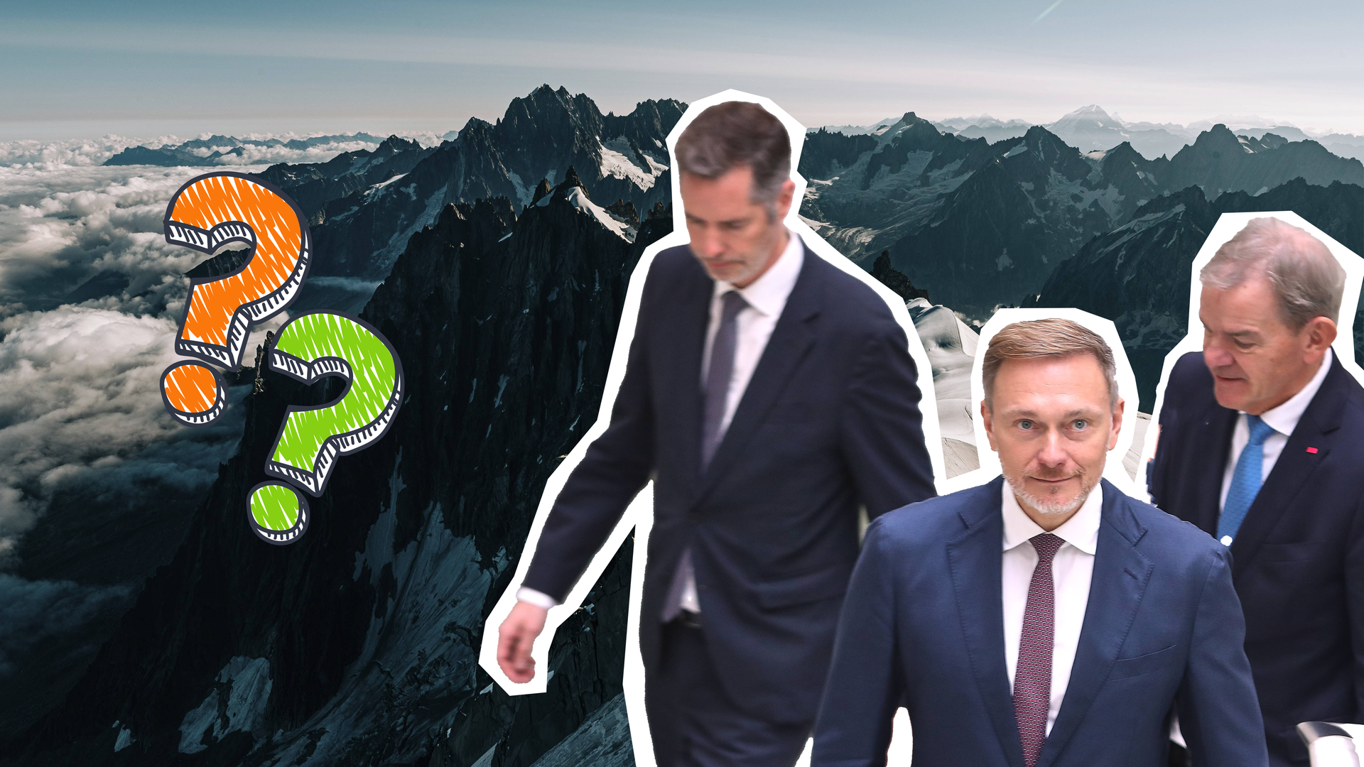 Alpengipfel und davor Wirtschaftsminister Christian Lindner mit Industrievertretern und Fragezeichen.