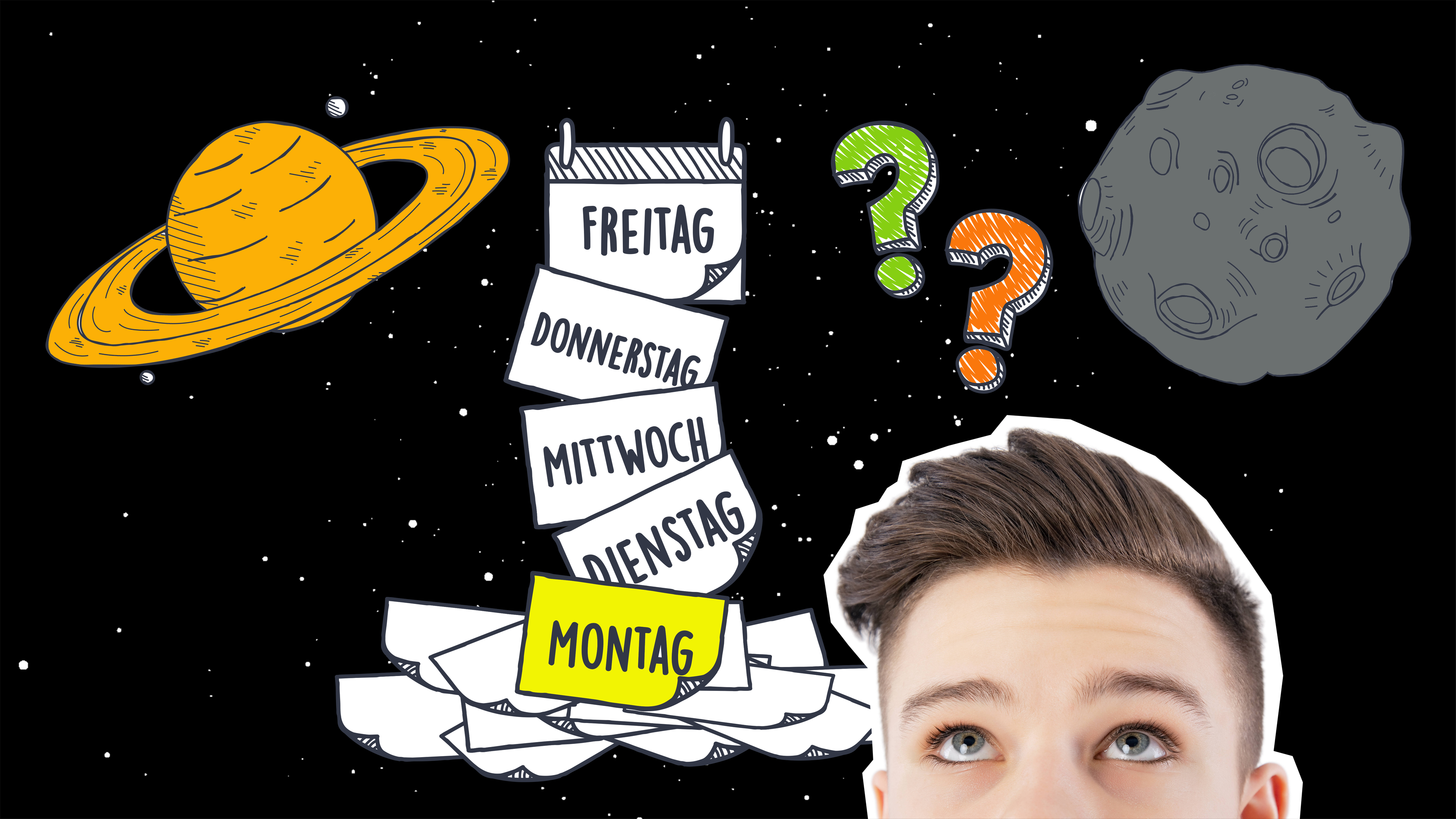 Wochentage im Weltall mit Planeten, Fragezeichen und einem Kind.