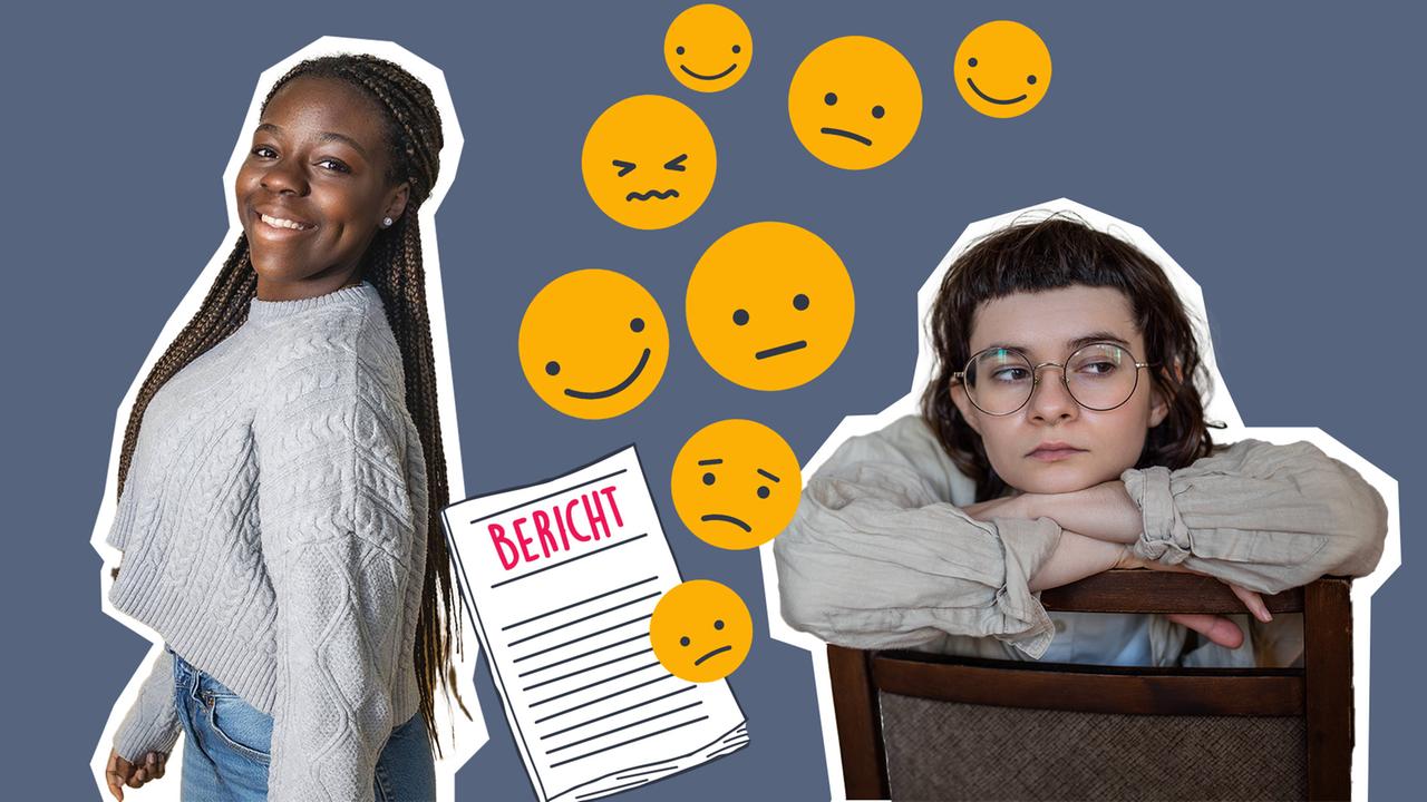 Ein zufriedenes und ein unzufriedenes Kind mit Grafik von Bericht und Emojis