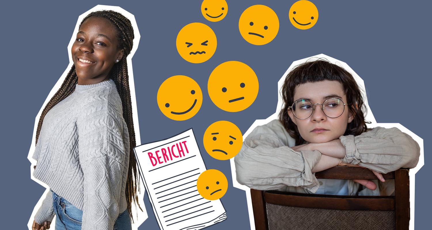 Ein zufriedenes und ein unzufriedenes Kind mit Grafik von Bericht und Emojis