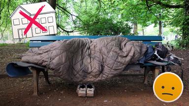Ein obdachloser Mensch, zugedeckt mit einer Decke, auf einer blauen Parkbank im Wald
