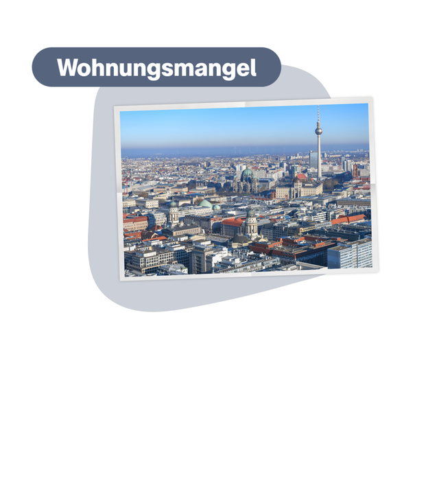 Luftaufnahme einer dicht bebauten Großstadt mit vielen Gebäuden. Darüber steht der Schriftzug „Wohnungsmangel“.