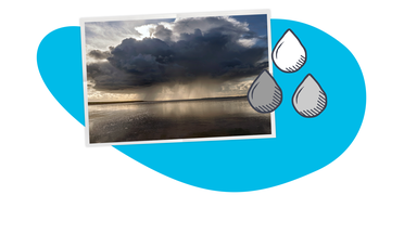 Grafik: Dunkle Gewitterwolke über einem Gewässer. Wassertröpchen im Vordergrund.