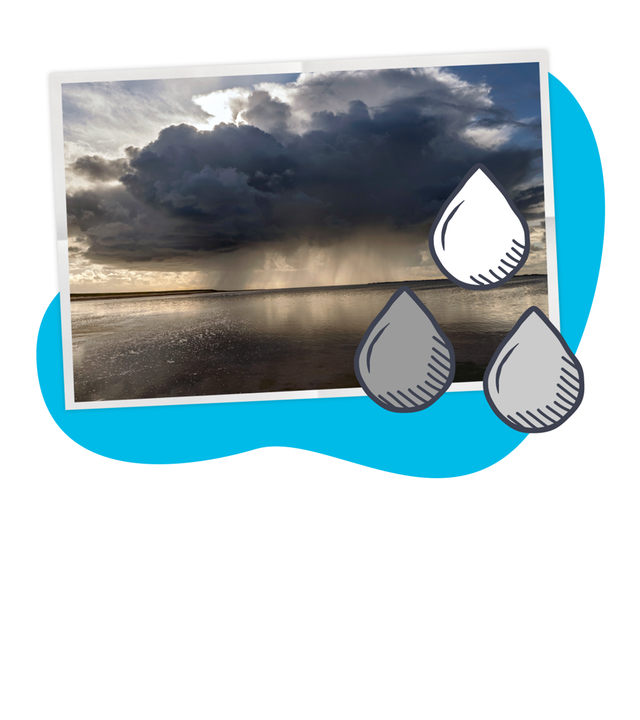 Grafik: Dunkle Gewitterwolke über einem Gewässer. Wassertröpchen im Vordergrund.