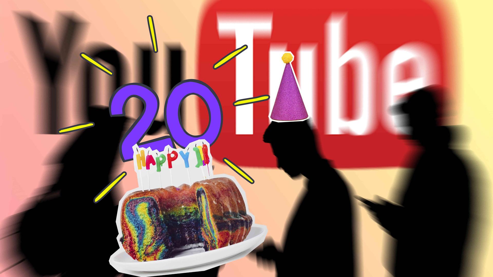 Youtube-Logo mit Geburtstagstorte, eienr 20 und Partyhut