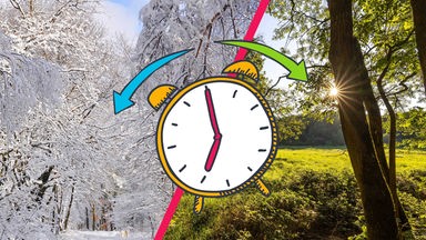 Eine Winter- und eine Sommerlandschaft, davor ein Wecker mit Pfeilen nach links zum Winter und nach rechts zum Sommer.