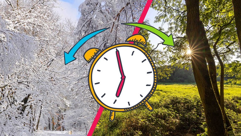 Eine Winter- und eine Sommerlandschaft, davor ein Wecker mit Pfeilen nach links zum Winter und nach rechts zum Sommer.