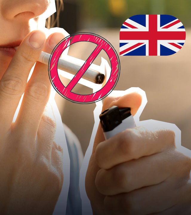 Zigarette an einem Mund, wird mit einem Feuerzeug angezündet. Die Zigarette ist mit einem großen Verbotszeichen durchgestrichen. Daneben ist die Flagge Großbritanniens zu sehen. 