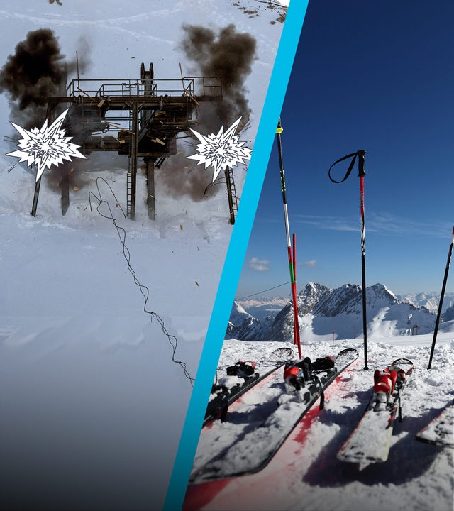 Sprengung des letzten deutschen Gletscher-Skilifts und Skier und Stöcke im Schnee 