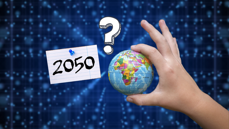 Eine Kinderhand hält eine Miniatur-Welkugel, daneben die Zahl "2050" und ein Fragezeichen  